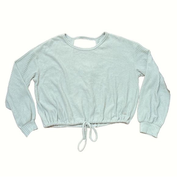Hollister Waffle Knit Top Cinch Tie Waist Sea foam/ Mint Round Neck Open Back - Picture 1 of 7
